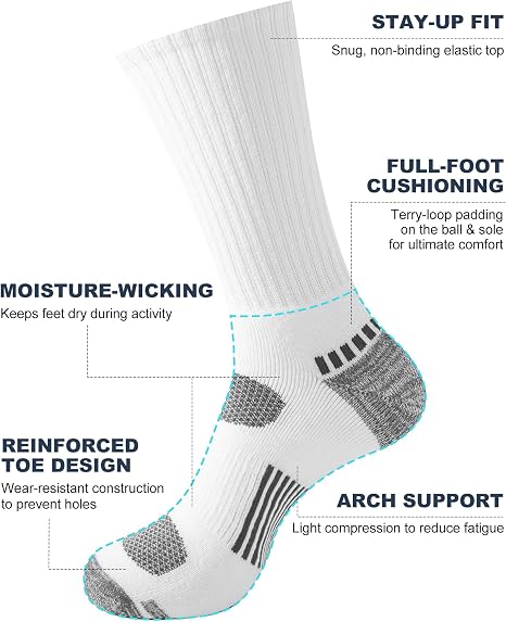 White Black Mens Socks, 5 Pairs, Full Cushion Cotton Crew Work Socks