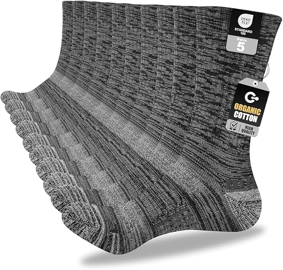Grey Black Mens Socks, 5 Pairs, Full Cushion Cotton Crew Work Socks