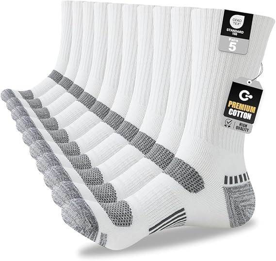 White Black Mens Socks, 5 Pairs, Full Cushion Cotton Crew Work Socks