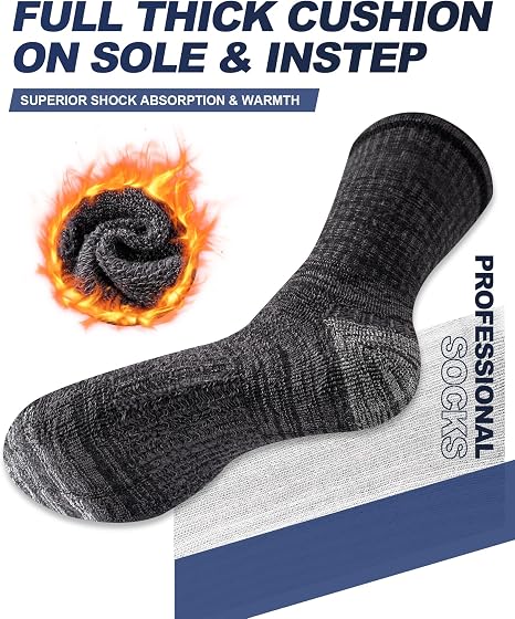 Grey Black Mens Socks, 5 Pairs, Full Cushion Cotton Crew Work Socks