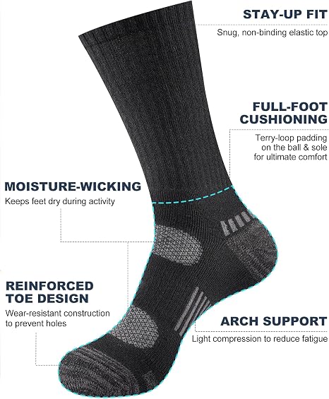 Black Mens Socks, 5 Pairs, Full Cushion Cotton Crew Work Socks