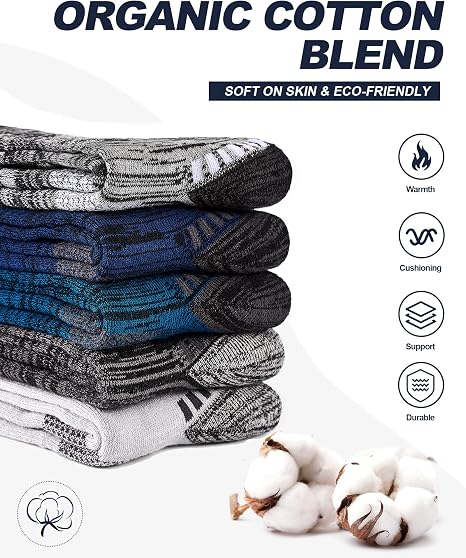 Grey Black Mens Socks, 5 Pairs, Full Cushion Cotton Crew Work Socks