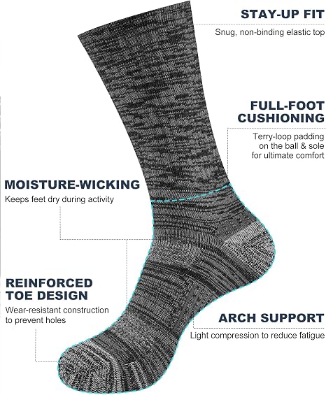 Grey Black Mens Socks, 5 Pairs, Full Cushion Cotton Crew Work Socks