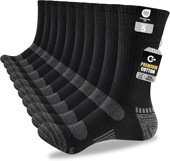 Black Mens Socks, 5 Pairs, Full Cushion Cotton Crew Work Socks